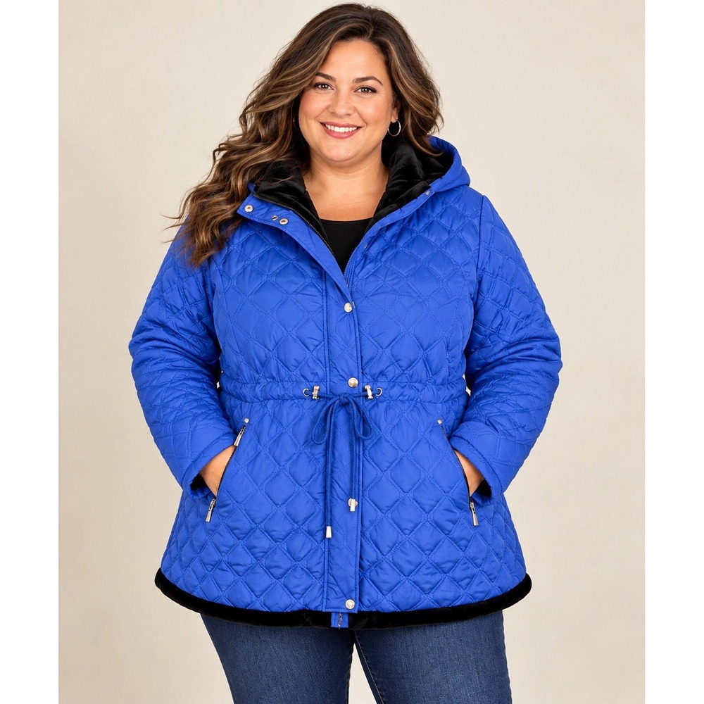 Totes NWT Blue Quilted Jacket Plus 2X 26/28 Cozy Velvet Lined Hooded Coat